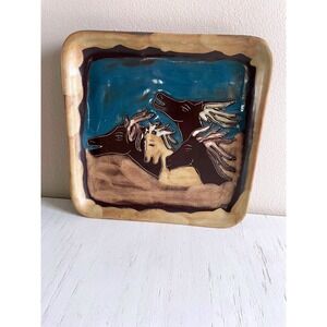 Mara Horse Pottery Plate Artist Signed 4 Horses Mexico 9"X9" Tan Blue Brown